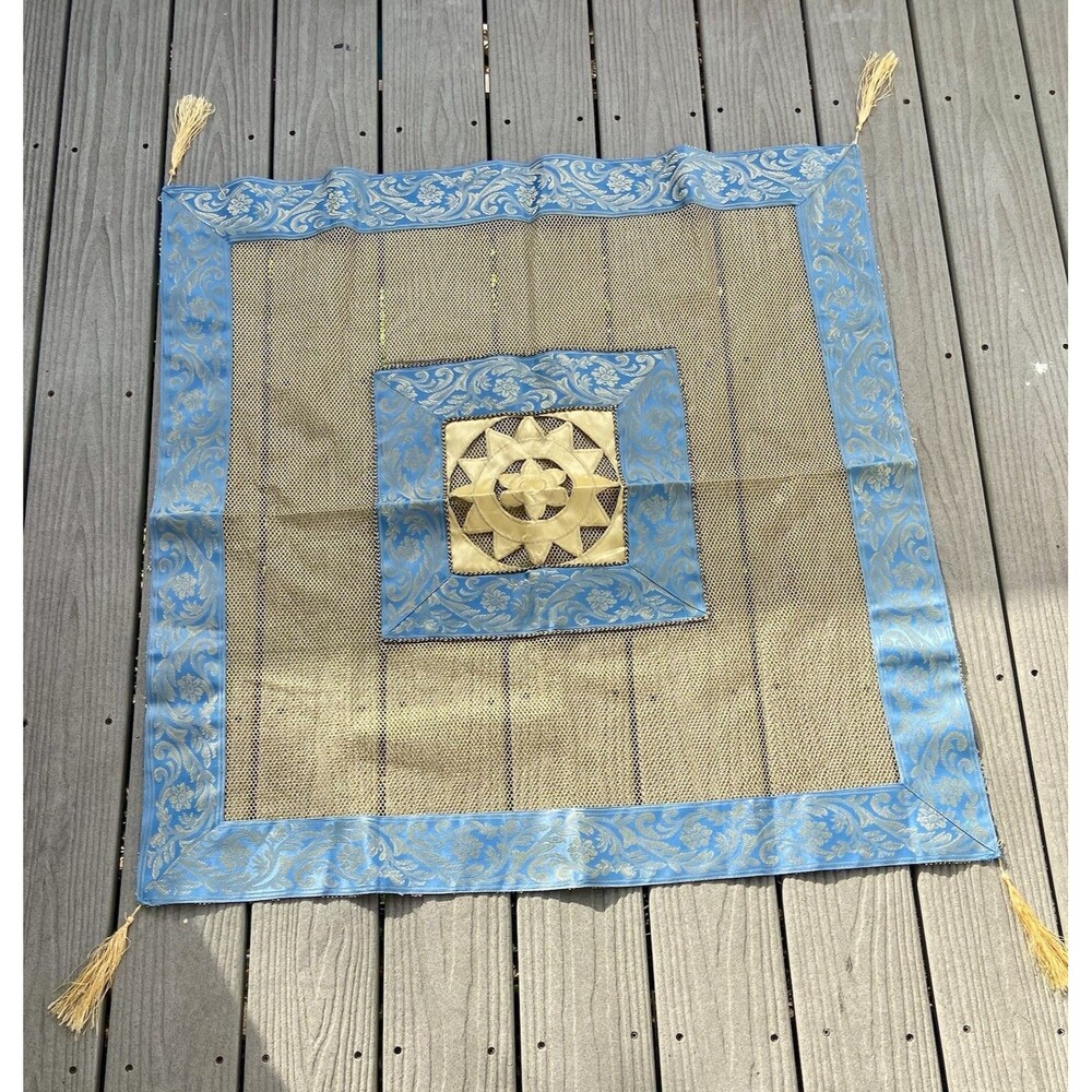 VTG Lebanese Aghabani Tablecloth Overlay Blue Gold Mesh Net Appliqué Tassels